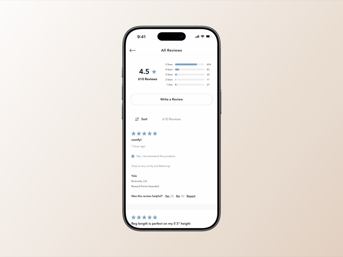 All Reviews list with sort & fit context